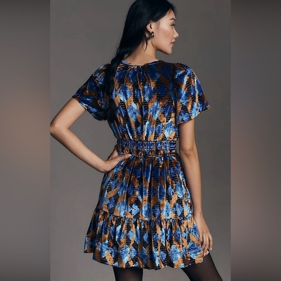 Anthropologie Blue and Brown Geometric Mini Dress - Picture 1 of 10